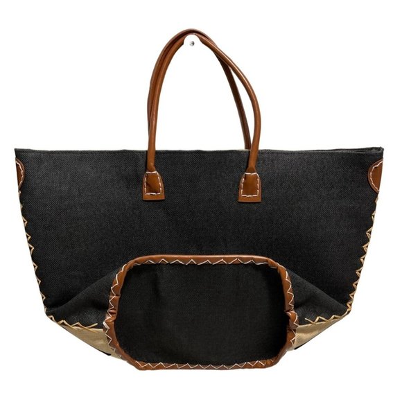 LARGE Diamond straw tan black tote bag NWT Summer beach pool farmer's market new - Picture 7 of 13